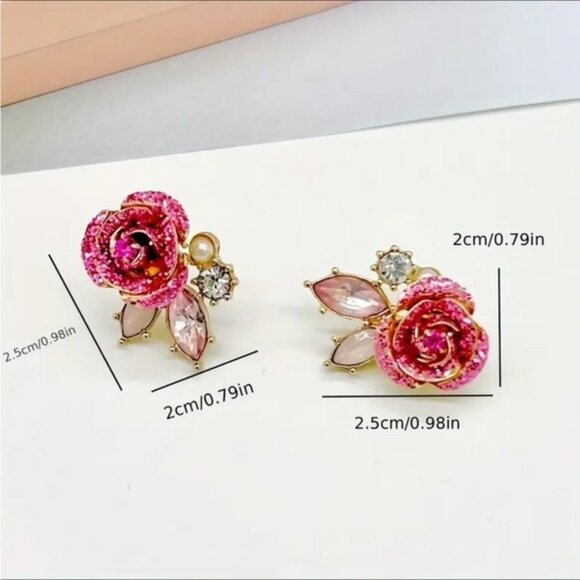 Elegant Pink Glitter Rose Rhinestone Crystal Earrings - Picture 4 of 4